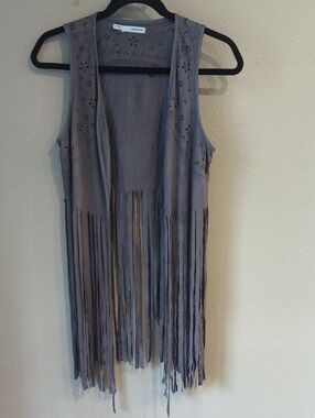 Western Festival Country Fringe Gray Open Front Sleeveless Top Boho Small